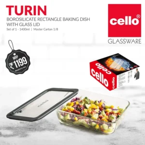 Cello Turin Bakedish rectangle with lid (Borosilicate) | 1400ml