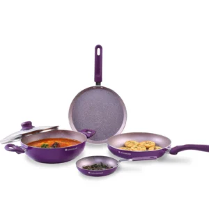 Royal Velvet Non-stick 5-piece Cookware Set (Fry Pan with Lid, Wok, Dosa Tawa, Mini Fry Pan) | Induction Ready*| Soft-touch handles |Non – Toxic I Virgin Aluminium | 3 mm thick | Purple