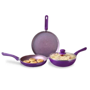 Royal Velvet Non-stick 4-piece Cookware Set (Fry Pan with Lid, Wok, Dosa Tawa) | Induction Ready| Soft-touch handles |Non – Toxic| 3 mm thick | Purple