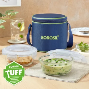 Borosil Blue Glass Lunchbox | Round | 400ml x 2 | Microwavable