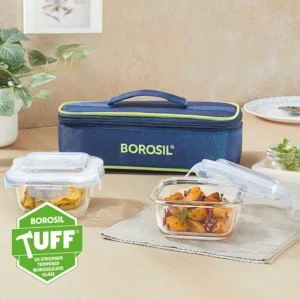 Borosil Blue Glass Lunchbox | Round | 320ml x 2 | Microwavable