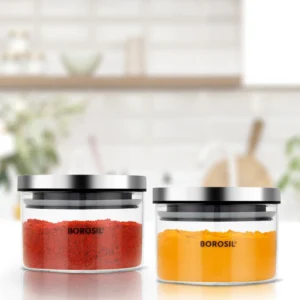 Borosil Classic Airtight Glass Jar | Round | SS Lid | Set of 2 | 300ml